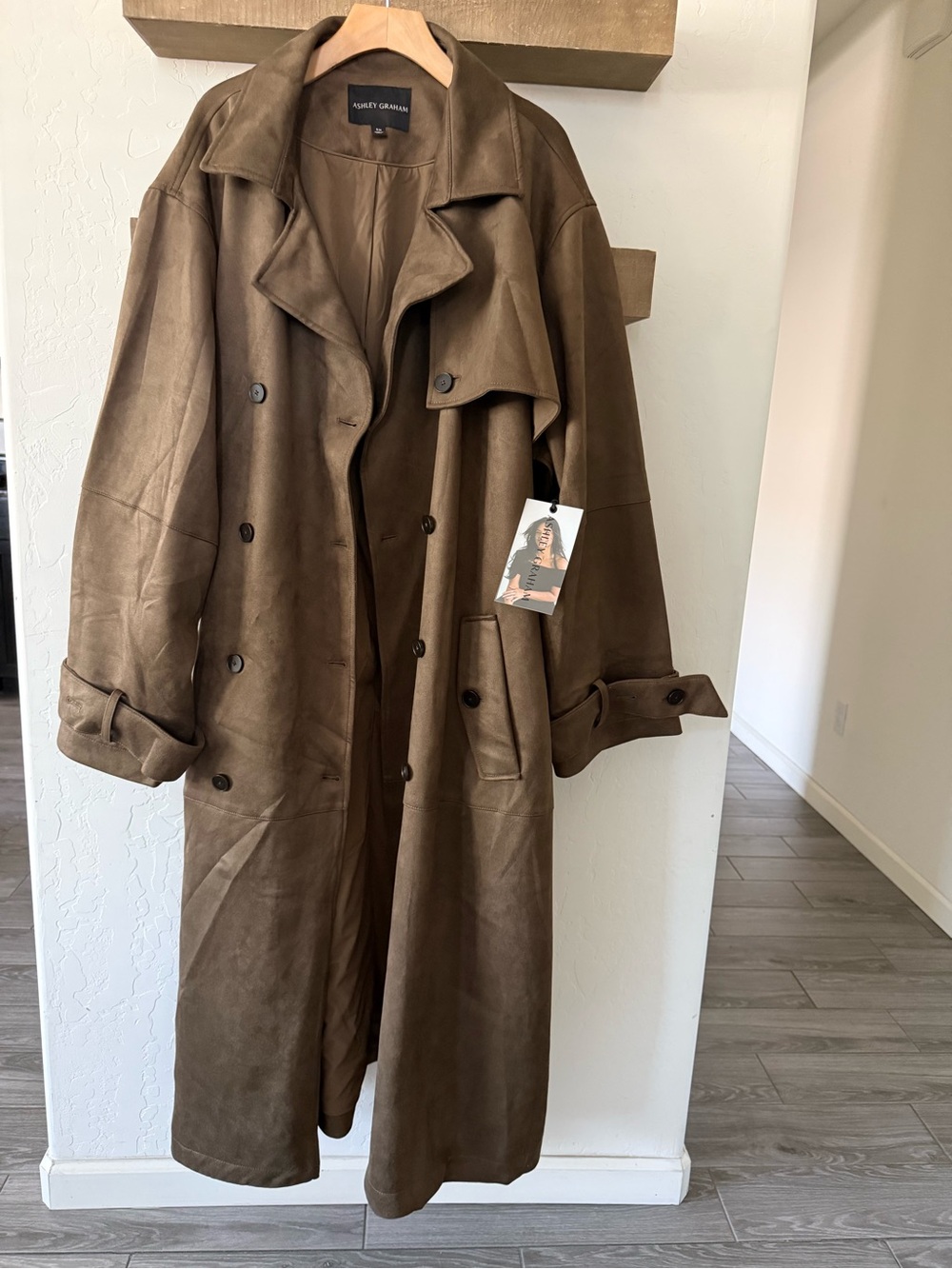 Ashley Graham|Brown Suede Double-Breasted full length Trench Coat,tie waist•NWT